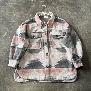 New In Aztec Jacket Womens L Pink Gray Southwestern Flannel Shacket Oversized